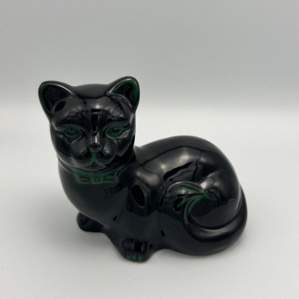 Vintage Ceramic Laying Black Cat with Green Eyes and bow tie, Glossy Black